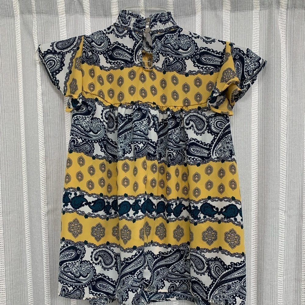 Charmed by Eve Blouse‎ Smocked High Neck Flutter Sleeve Blue Yellow Print Size M - Picture 4 of 10